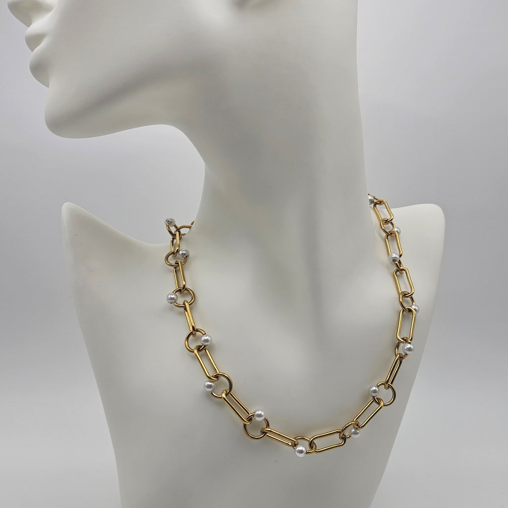 CHAIN-LINK PEARL NECKLACE GOLD