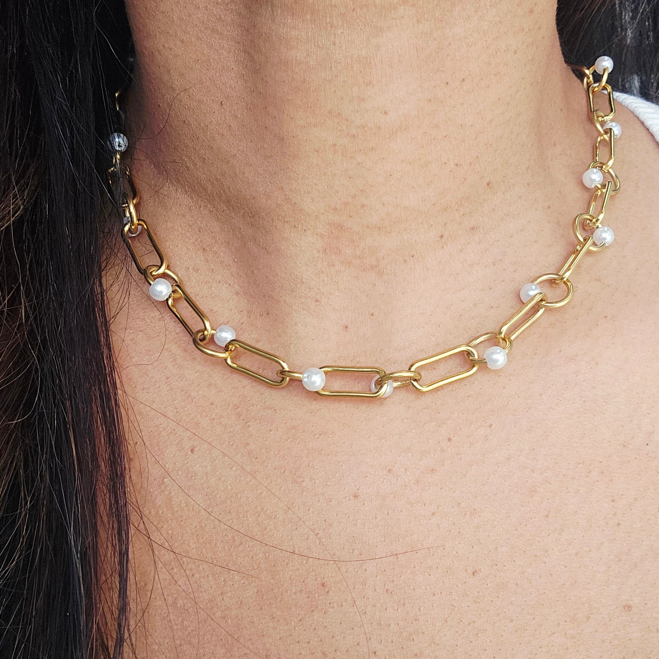 CHAIN-LINK PEARL NECKLACE GOLD